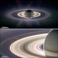 Saturn and its rings - photo taken by Cassini spacecraft - the pale blue dot of earth can be faintly perceived through the outermost rings