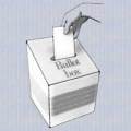 Drawing of a hand inserting a paper ballot into a box
