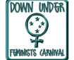In blue on a white background, the DUFC logo: in a square with rounded corners, there is the female/feminine symbol; with the Southern Cross inside, above which it says 'Down Under' and below 'Feminists Carnival'.