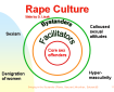 A diagram of nested circles with labels: the innermost ring is labelled CORE SEX OFFENDERS, the next ring is labelled FACILITATORS, the outermost ring is labelled BYSTANDERS. Outside the rings are labels identifying the following cultural attitudes: SEXISM, DENIGRATION OF WOMEN, HYPER-MASCULINITY, CALLOUS SEXUAL ATTITUDES.