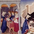 Medieval painting of a nun with three other women with books and sewing (LHS), and with one other woman building a wall (RHS)..