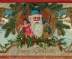 An old Christmas postcard showing Santa holding a doll in one hand and a stick in the other. Santa is wearing a blue robe.