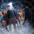 The Doctor and Clara are standing in snow at what looks like the mouth of a cave. The Doctor is holding the head of a Cyberman, behind them we see an intact Cyberman, a Dalek, a Weeping Angel, one of The Silence, and many more figures, weapons and spacecraft in the background which are not clearly distinguishable. There are many high-powered beams looking dangerous too.