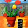 Poster art of beautiful flowering plants in terracotta pots on a balcony with a blue sky background: birds are swooping and a small mouse at the base of a flowerpoint looks at the viewer.