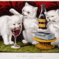 Lithography published by Currier & Ives portraying three kittens at a party where they are enjoying food and wine on a table..