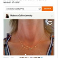 Screenshot of a twitterpic: the photo is of a necklace around the neck of a pale-skinned woman,featuing 14K gold safety-pins