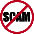 A text image of the word SCAM in black on a white background inside a red circle, with a cross bar signifiying NO